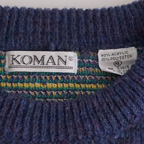 VTG '80s Koman Blue Green Biggie Cosby Eclectic Grandpa Crewneck Knit Sweater XL - Picture 4 of 10